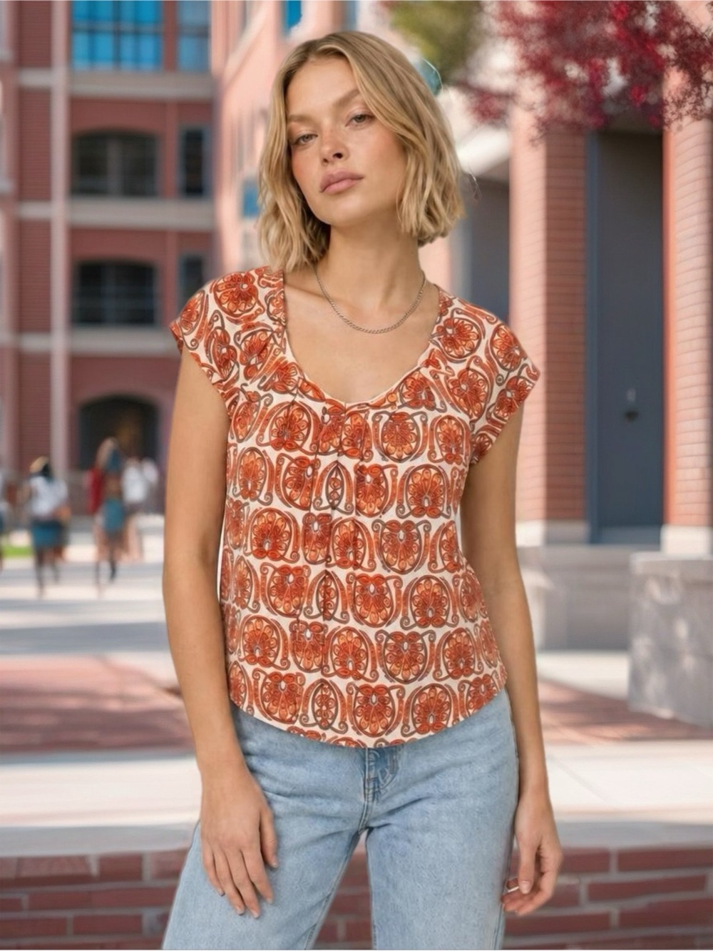 MICHAEL Michael Kors Cream and Orange Paisley Cap Sleeve Top